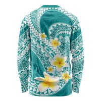 Plumeria Polynesian Teal Glitter Pattern Long Sleeve Shirt