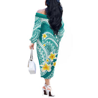 Plumeria Polynesian Teal Glitter Pattern Off The Shoulder Long Sleeve Dress