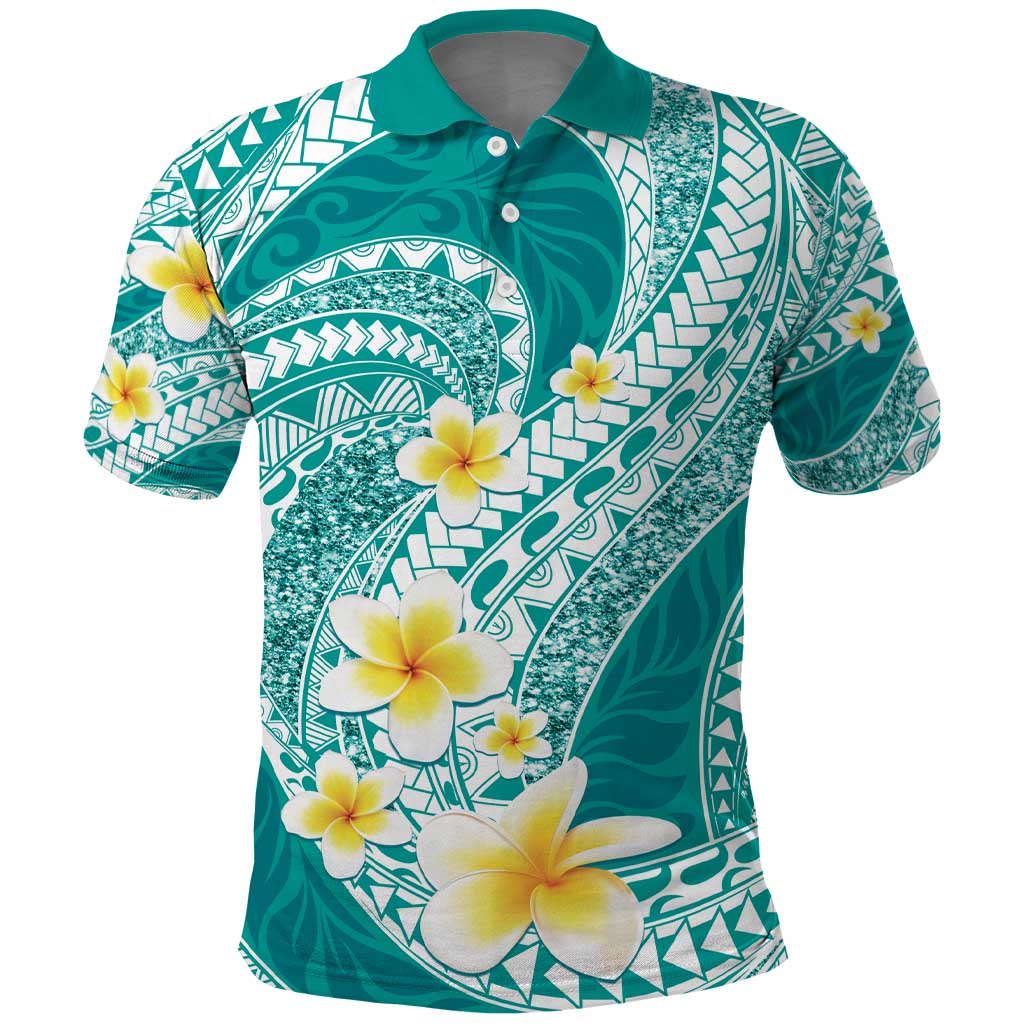 Plumeria Polynesian Teal Glitter Pattern Polo Shirt