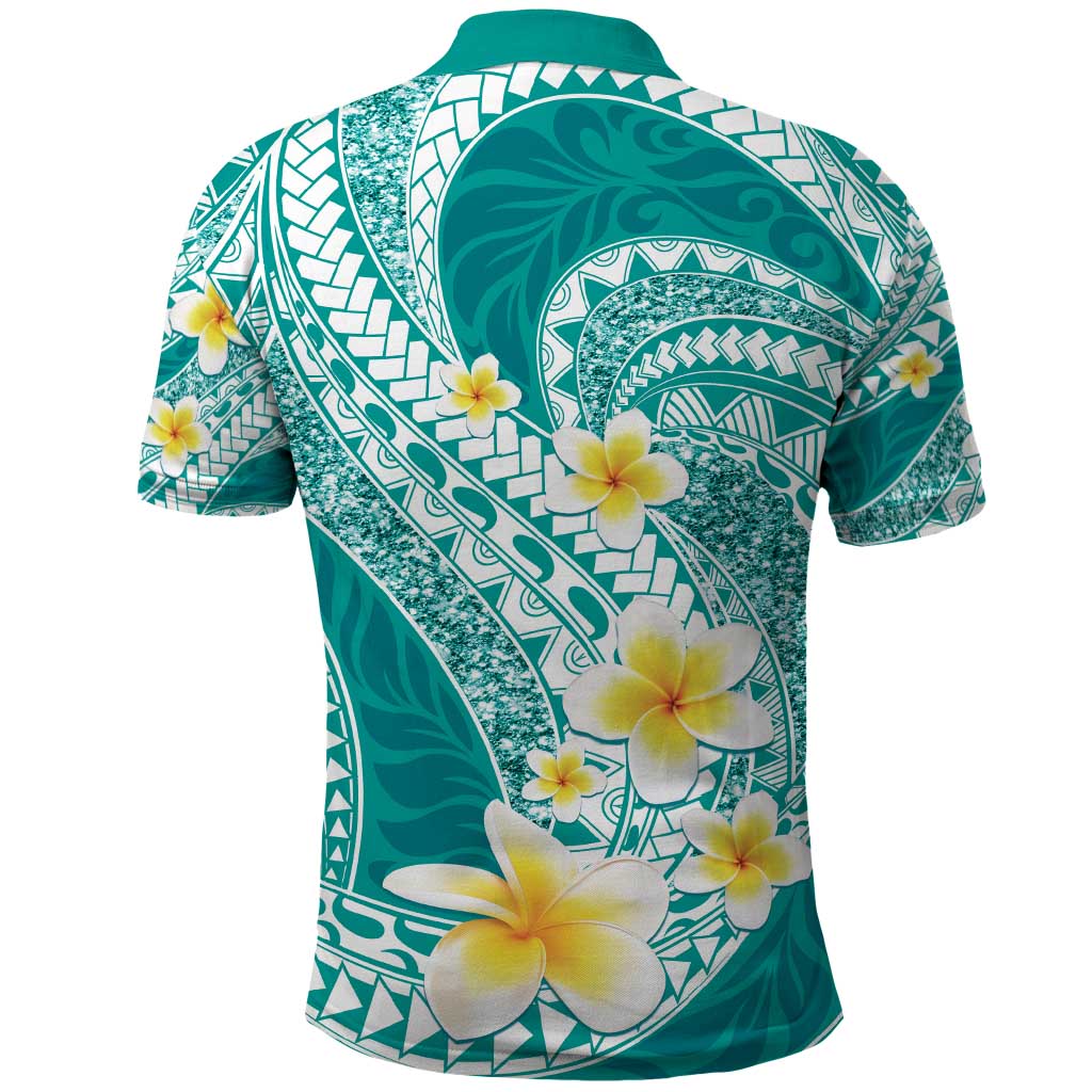 Plumeria Polynesian Teal Glitter Pattern Polo Shirt