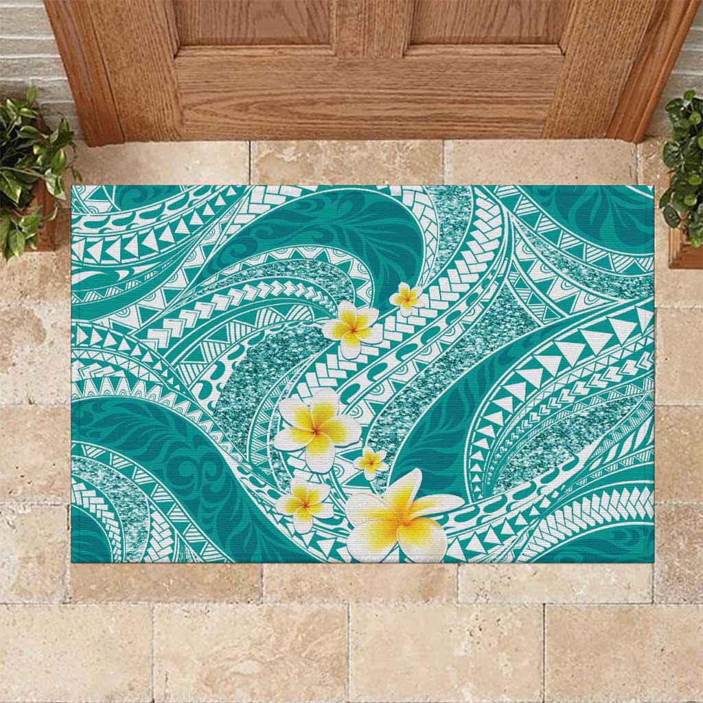 Plumeria Polynesian Teal Glitter Pattern Rubber Doormat