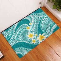 Plumeria Polynesian Teal Glitter Pattern Rubber Doormat
