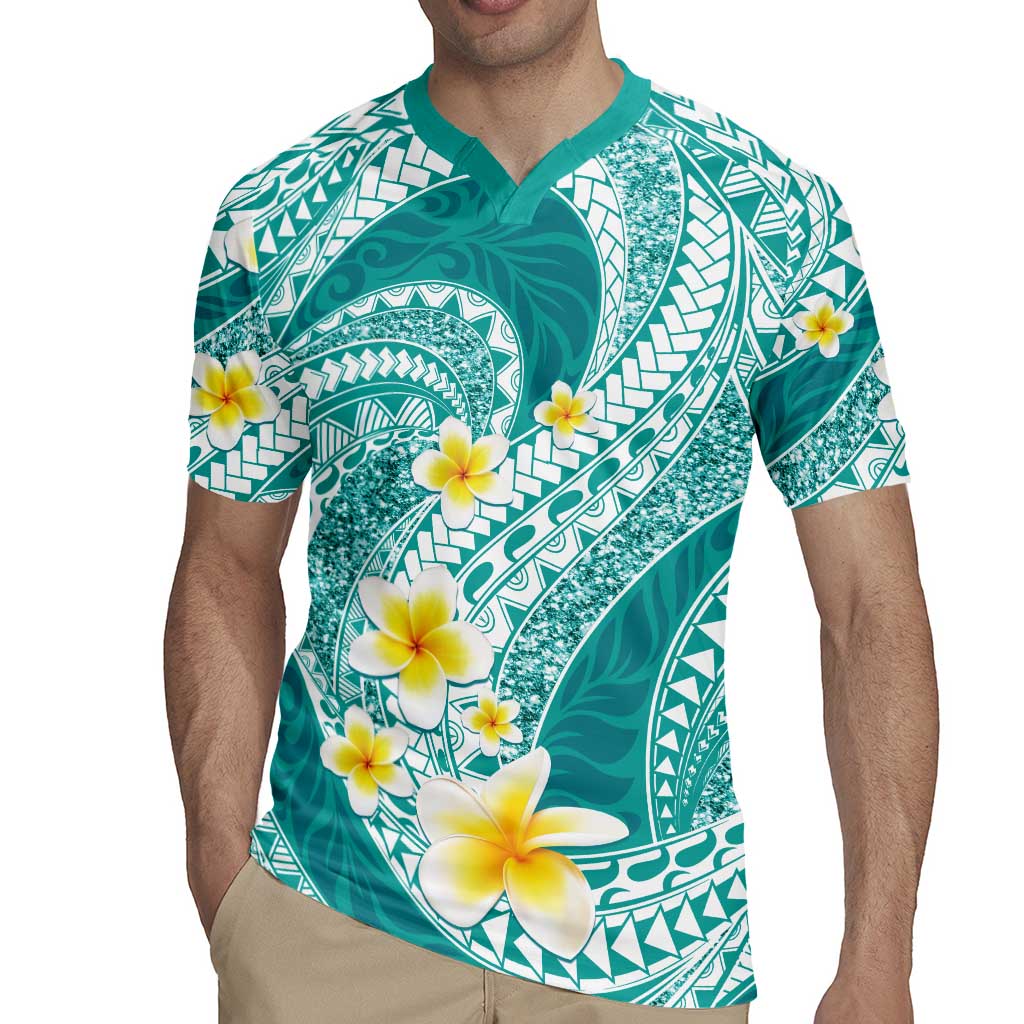 Plumeria Polynesian Teal Glitter Pattern Rugby Jersey