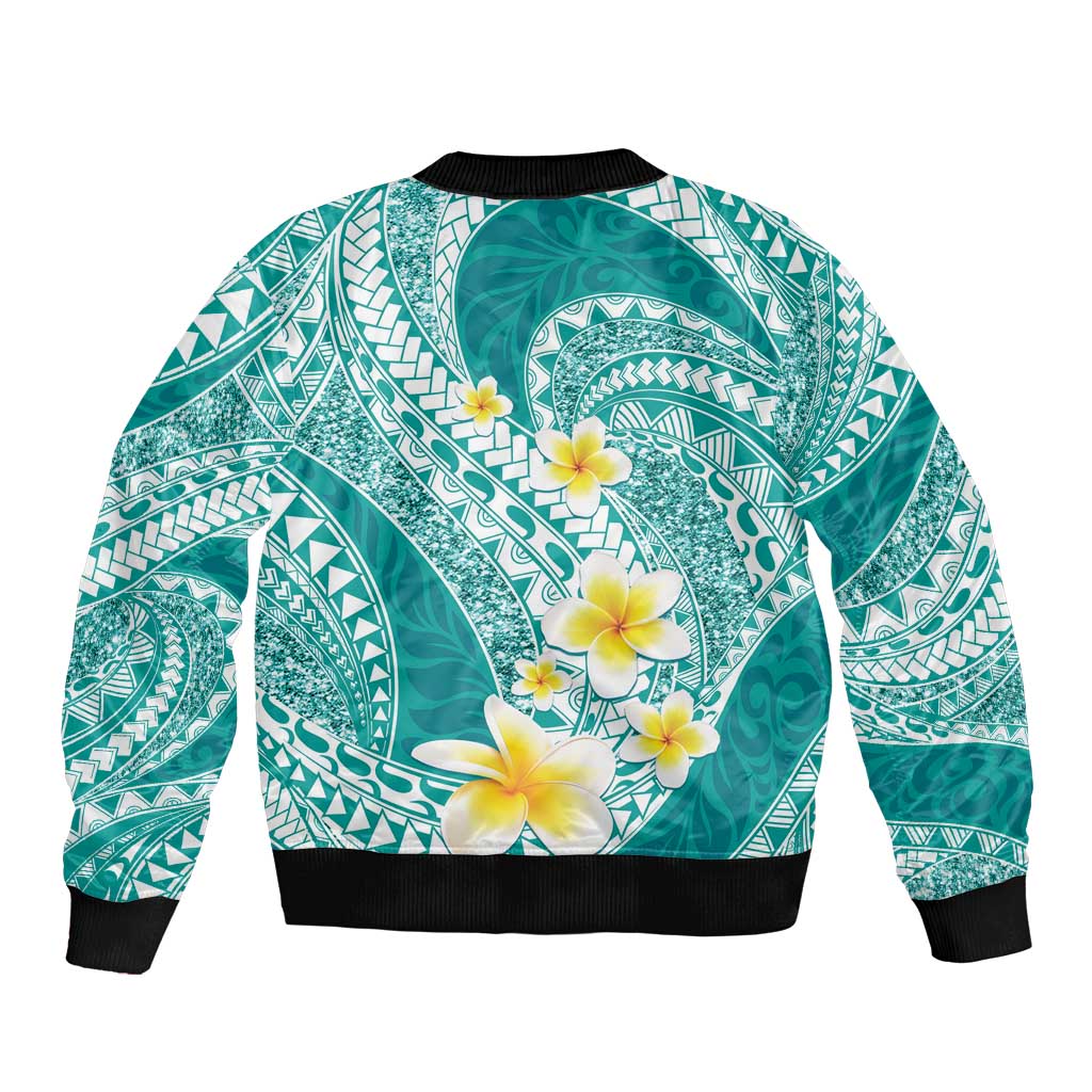 Plumeria Polynesian Teal Glitter Pattern Sleeve Zip Bomber Jacket