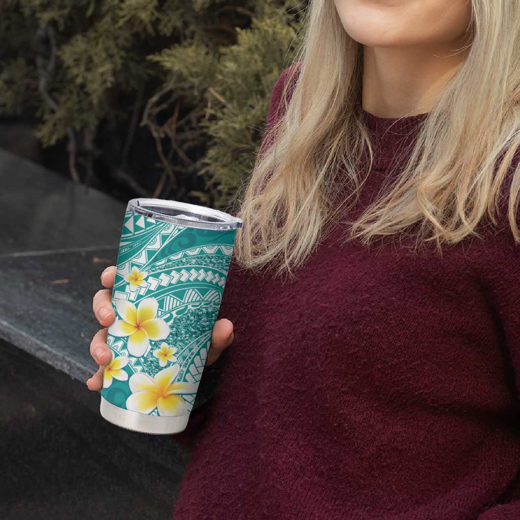 Plumeria Polynesian Teal Glitter Pattern Tumbler Cup