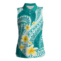 Plumeria Polynesian Teal Glitter Pattern Women Sleeveless Polo Shirt