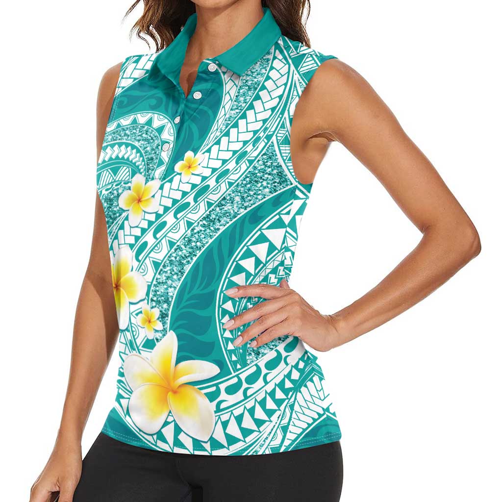Plumeria Polynesian Teal Glitter Pattern Women Sleeveless Polo Shirt