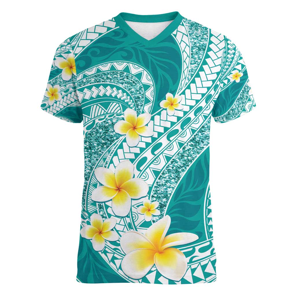 Plumeria Polynesian Teal Glitter Pattern Women V-Neck T-Shirt