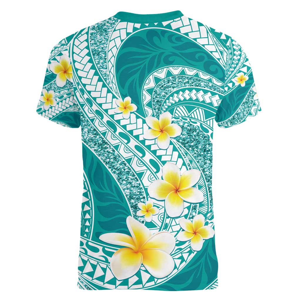 Plumeria Polynesian Teal Glitter Pattern Women V-Neck T-Shirt