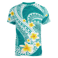 Plumeria Polynesian Teal Glitter Pattern Women V-Neck T-Shirt