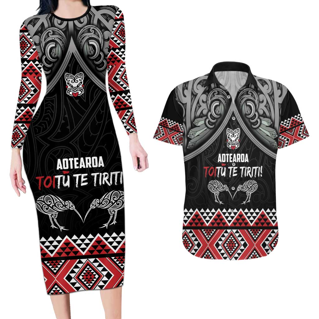 Aotearoa Toitu Te Tiriti Waitangi Couples Matching Long Sleeve Bodycon Dress and Hawaiian Shirt Proud To Be Maori LT01 Black - Polynesian Pride
