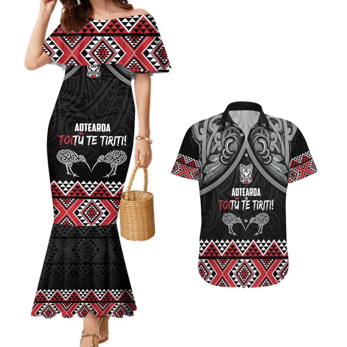 Aotearoa Toitu Te Tiriti Waitangi Couples Matching Mermaid Dress and Hawaiian Shirt Proud To Be Maori LT01 Black - Polynesian Pride
