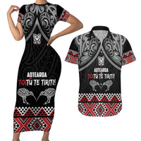 Aotearoa Toitu Te Tiriti Waitangi Couples Matching Short Sleeve Bodycon Dress and Hawaiian Shirt Proud To Be Maori LT01 Black - Polynesian Pride