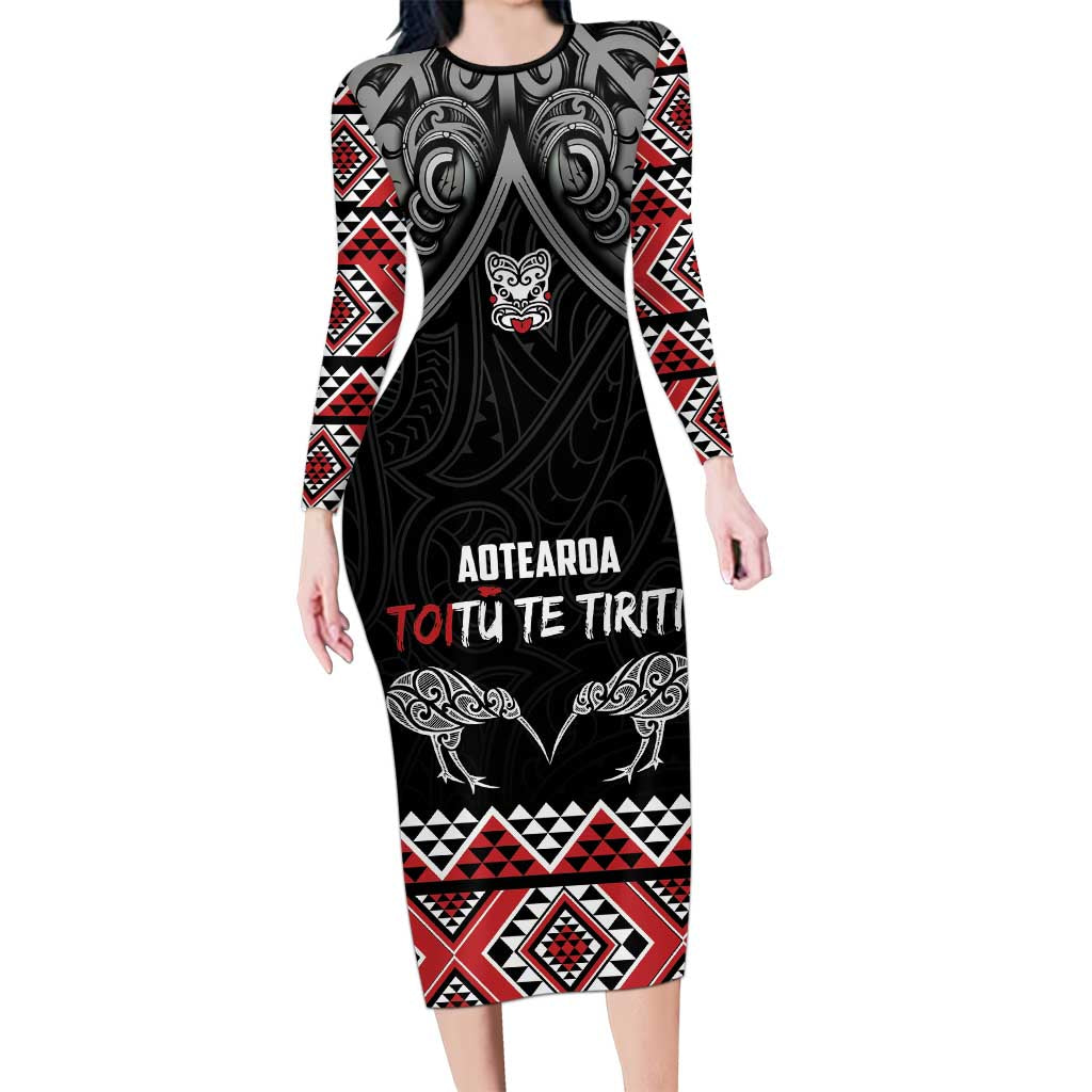 Aotearoa Toitu Te Tiriti Waitangi Family Matching Long Sleeve Bodycon Dress and Hawaiian Shirt Proud To Be Maori LT01 Mom's Dress Black - Polynesian Pride