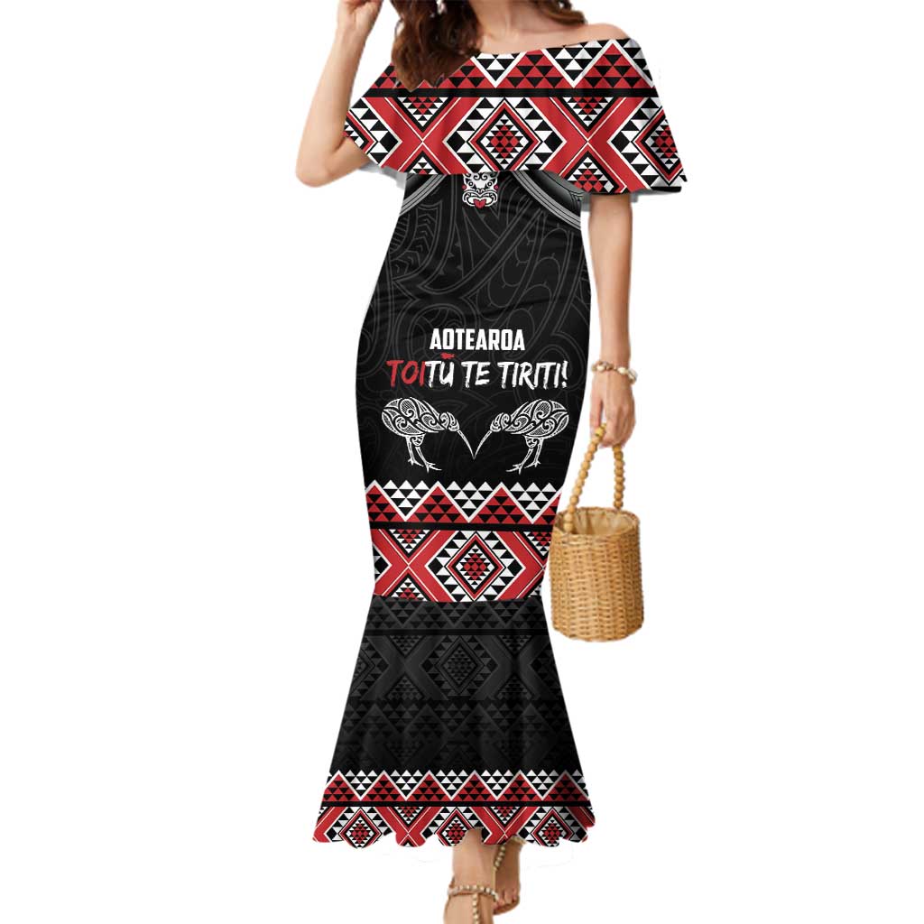 Aotearoa Toitu Te Tiriti Waitangi Family Matching Mermaid Dress and Hawaiian Shirt Proud To Be Maori LT01 Mom's Dress Black - Polynesian Pride