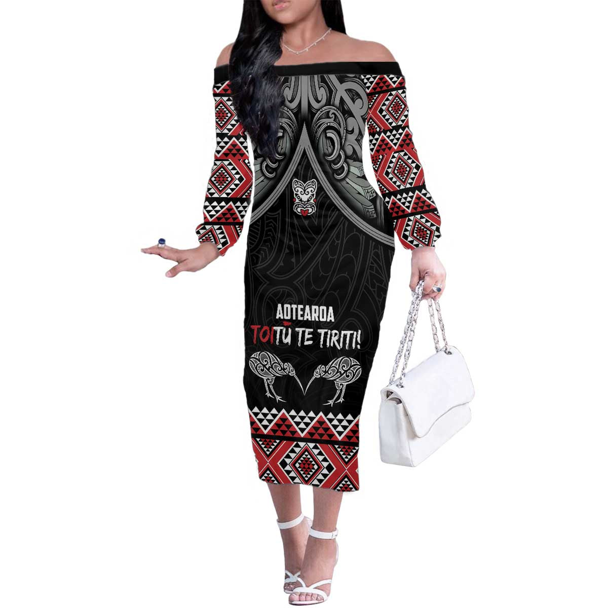 Aotearoa Toitu Te Tiriti Waitangi Family Matching Off The Shoulder Long Sleeve Dress and Hawaiian Shirt Proud To Be Maori LT01 Mom's Dress Black - Polynesian Pride