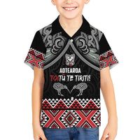 Aotearoa Toitu Te Tiriti Waitangi Family Matching Short Sleeve Bodycon Dress and Hawaiian Shirt Proud To Be Maori LT01 Son's Shirt Black - Polynesian Pride