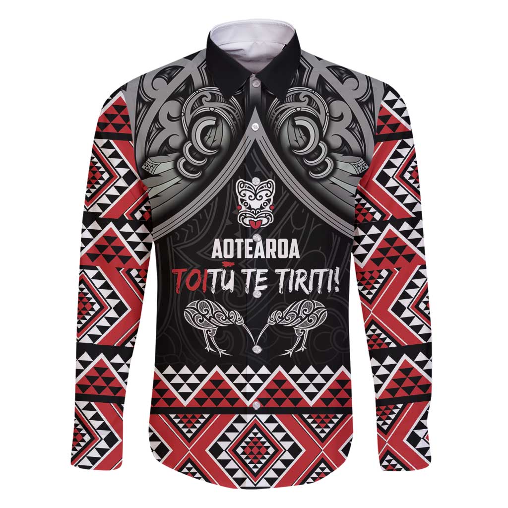 Aotearoa Toitu Te Tiriti Waitangi Family Matching Summer Maxi Dress and Hawaiian Shirt Proud To Be Maori LT01 Dad's Shirt - Long Sleeve Black - Polynesian Pride