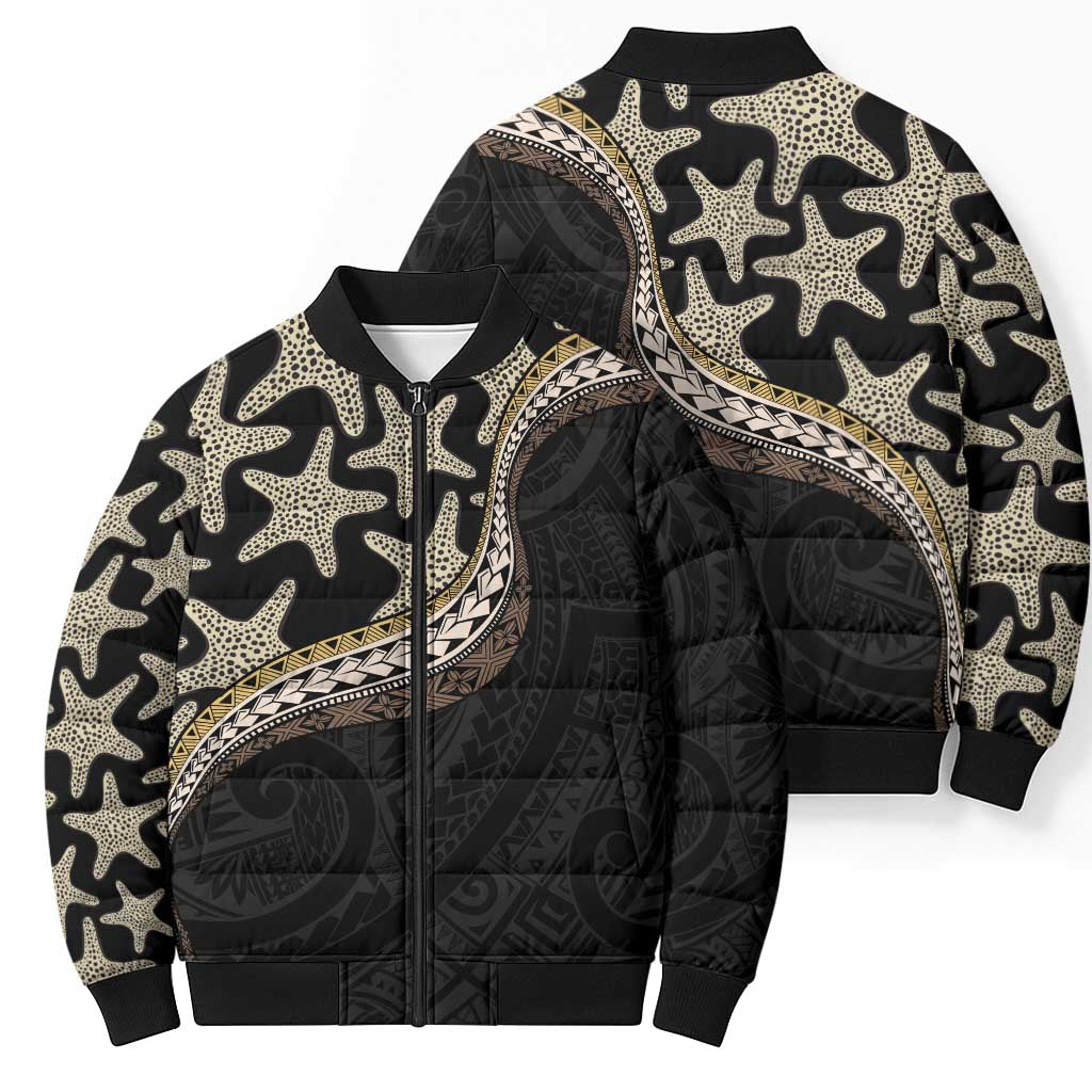 Beige Polynesian Starfish Unique Pattern Bomber Puffer Jacket
