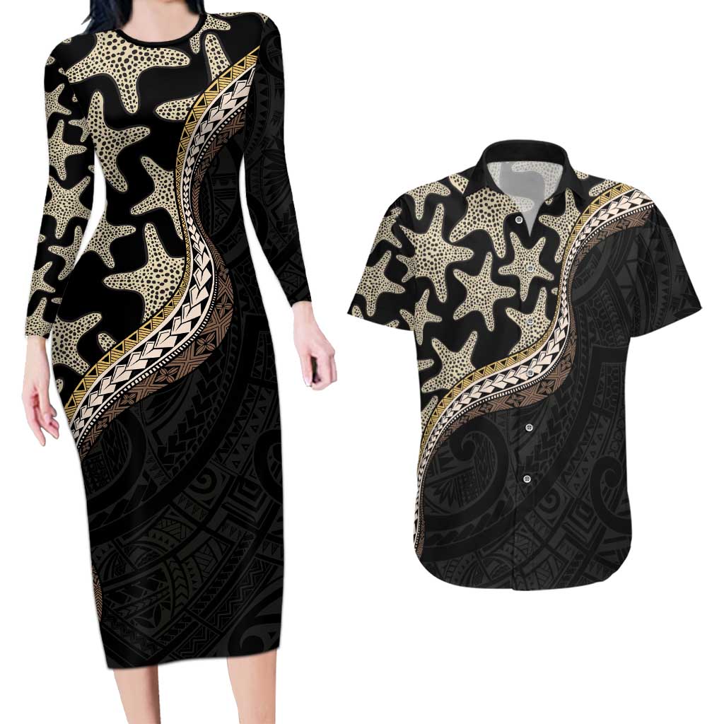 Beige Polynesian Starfish Unique Pattern Couples Matching Long Sleeve Bodycon Dress and Hawaiian Shirt