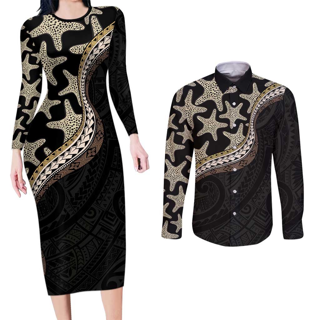 Beige Polynesian Starfish Unique Pattern Couples Matching Long Sleeve Bodycon Dress and Long Sleeve Button Shirt
