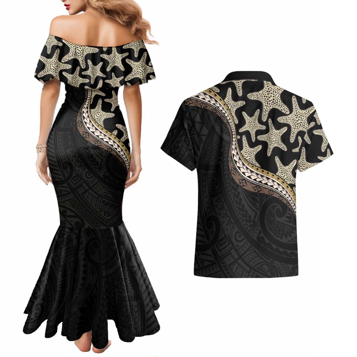Beige Polynesian Starfish Unique Pattern Couples Matching Mermaid Dress and Hawaiian Shirt