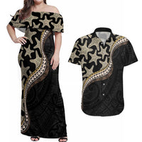 Beige Polynesian Starfish Unique Pattern Couples Matching Off Shoulder Maxi Dress and Hawaiian Shirt