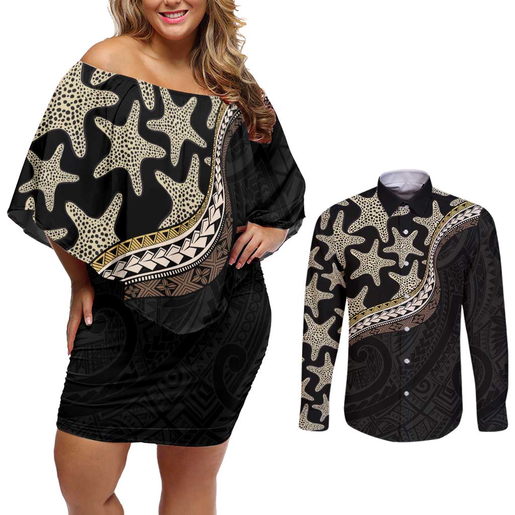 Beige Polynesian Starfish Unique Pattern Couples Matching Off Shoulder Short Dress and Long Sleeve Button Shirt LT01 Beige - Polynesian Pride
