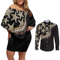 Beige Polynesian Starfish Unique Pattern Couples Matching Off Shoulder Short Dress and Long Sleeve Button Shirt LT01 Beige - Polynesian Pride