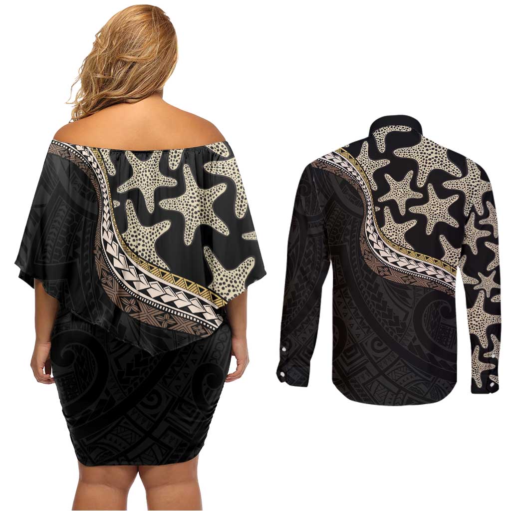 Beige Polynesian Starfish Unique Pattern Couples Matching Off Shoulder Short Dress and Long Sleeve Button Shirt LT01 - Polynesian Pride