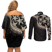 Beige Polynesian Starfish Unique Pattern Couples Matching Off Shoulder Short Dress and Long Sleeve Button Shirt LT01 - Polynesian Pride