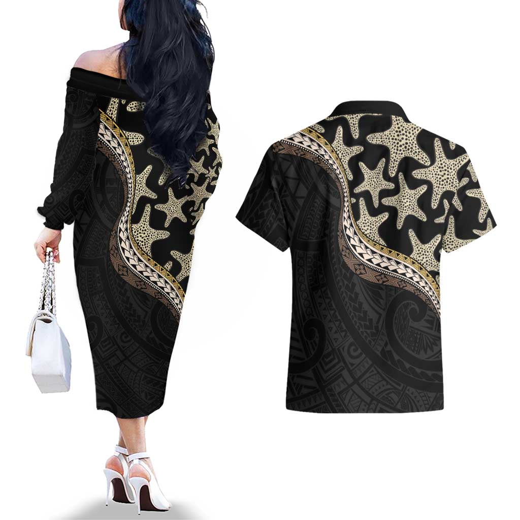 Beige Polynesian Starfish Unique Pattern Couples Matching Off The Shoulder Long Sleeve Dress and Hawaiian Shirt