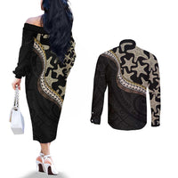 Beige Polynesian Starfish Unique Pattern Couples Matching Off The Shoulder Long Sleeve Dress and Long Sleeve Button Shirt
