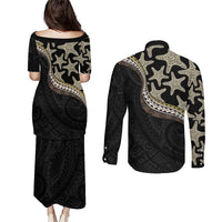 Beige Polynesian Starfish Unique Pattern Couples Matching Puletasi and Long Sleeve Button Shirt LT01 - Polynesian Pride