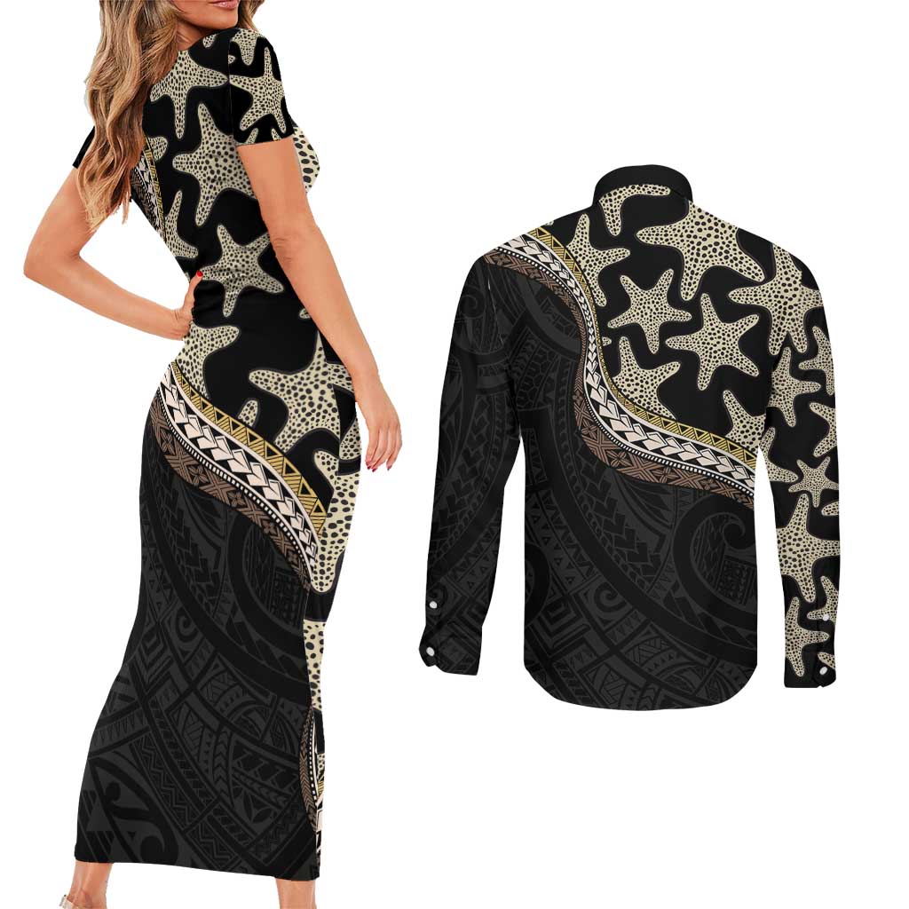Beige Polynesian Starfish Unique Pattern Couples Matching Short Sleeve Bodycon Dress and Long Sleeve Button Shirt