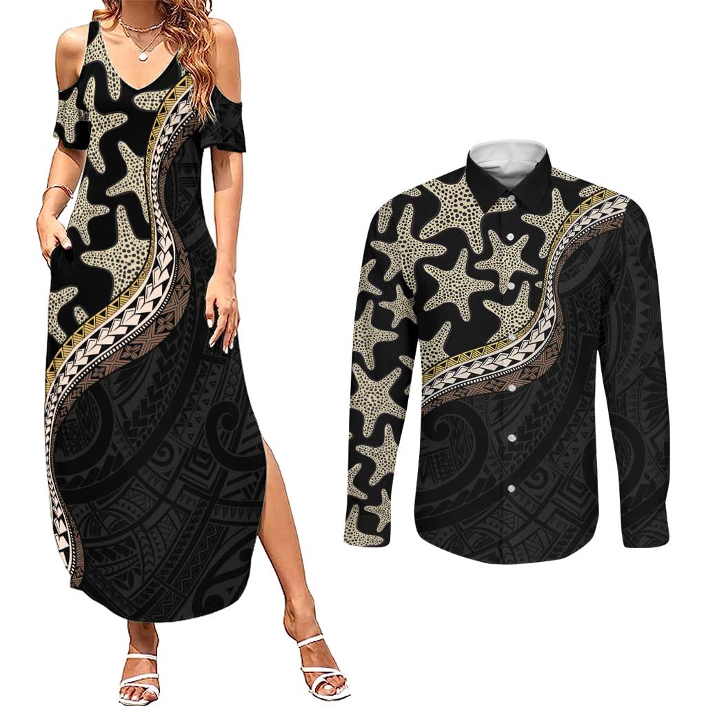 Beige Polynesian Starfish Unique Pattern Couples Matching Summer Maxi Dress and Long Sleeve Button Shirt