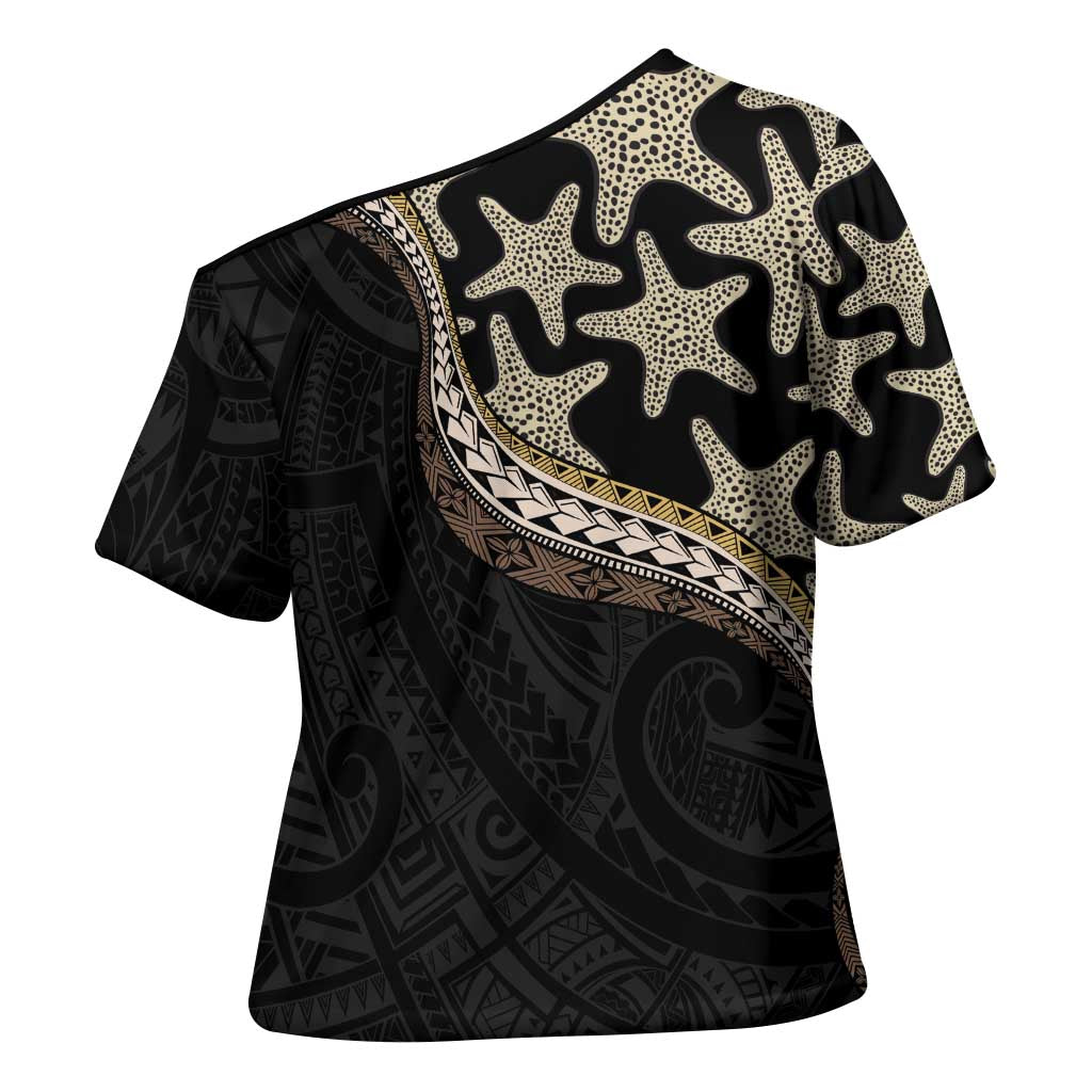 Beige Polynesian Starfish Unique Pattern Cross Shoulder Shirt