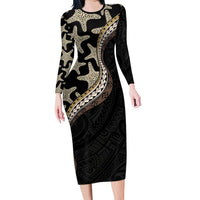 Beige Polynesian Starfish Unique Pattern Family Matching Long Sleeve Bodycon Dress and Hawaiian Shirt