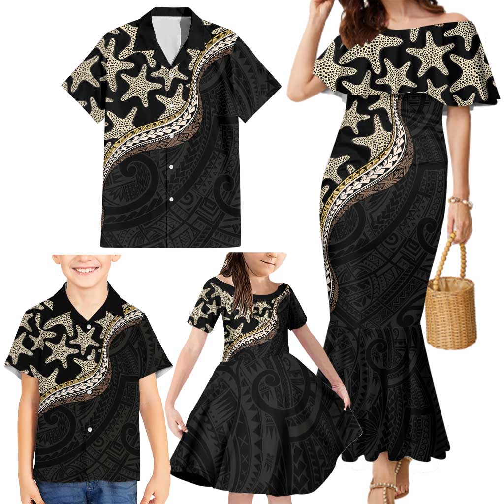 Beige Polynesian Starfish Unique Pattern Family Matching Mermaid Dress and Hawaiian Shirt LT01 - Polynesian Pride