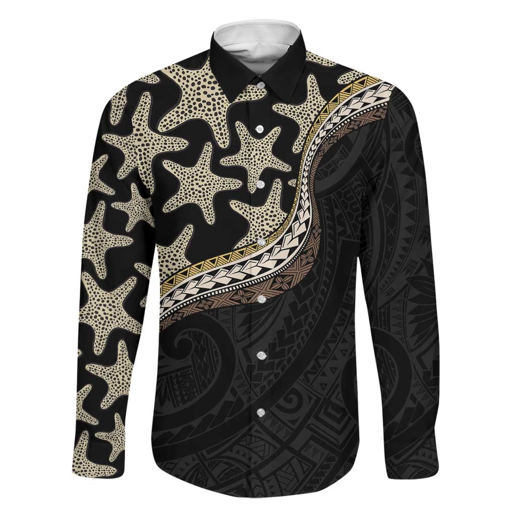 Beige Polynesian Starfish Unique Pattern Family Matching Mermaid Dress and Hawaiian Shirt LT01 Dad's Shirt - Long Sleeve Beige - Polynesian Pride