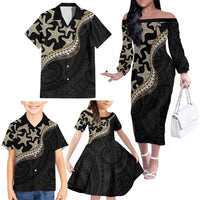 Beige Polynesian Starfish Unique Pattern Family Matching Off The Shoulder Long Sleeve Dress and Hawaiian Shirt
