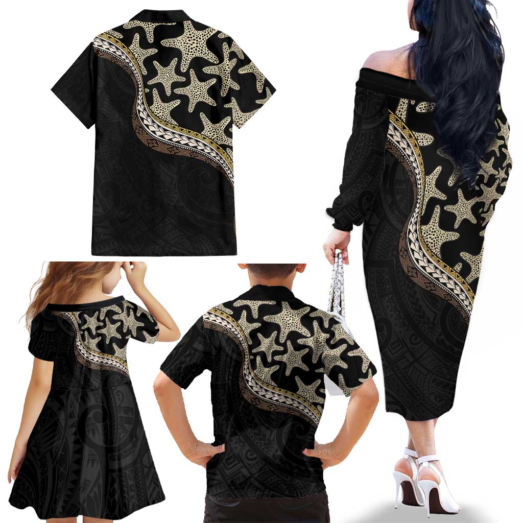 Beige Polynesian Starfish Unique Pattern Family Matching Off The Shoulder Long Sleeve Dress and Hawaiian Shirt