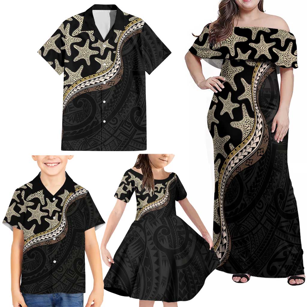 Beige Polynesian Starfish Unique Pattern Family Matching Off Shoulder Maxi Dress and Hawaiian Shirt