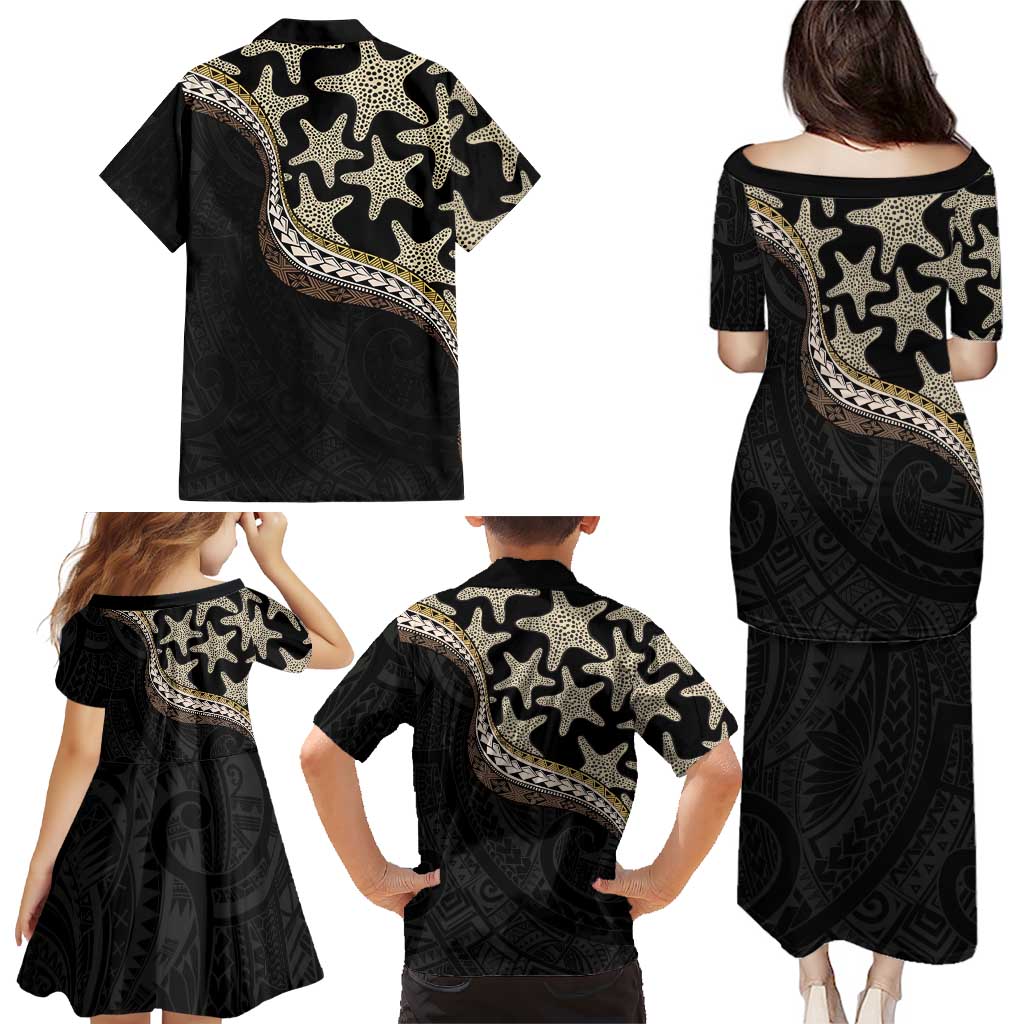 Beige Polynesian Starfish Unique Pattern Family Matching Puletasi and Hawaiian Shirt
