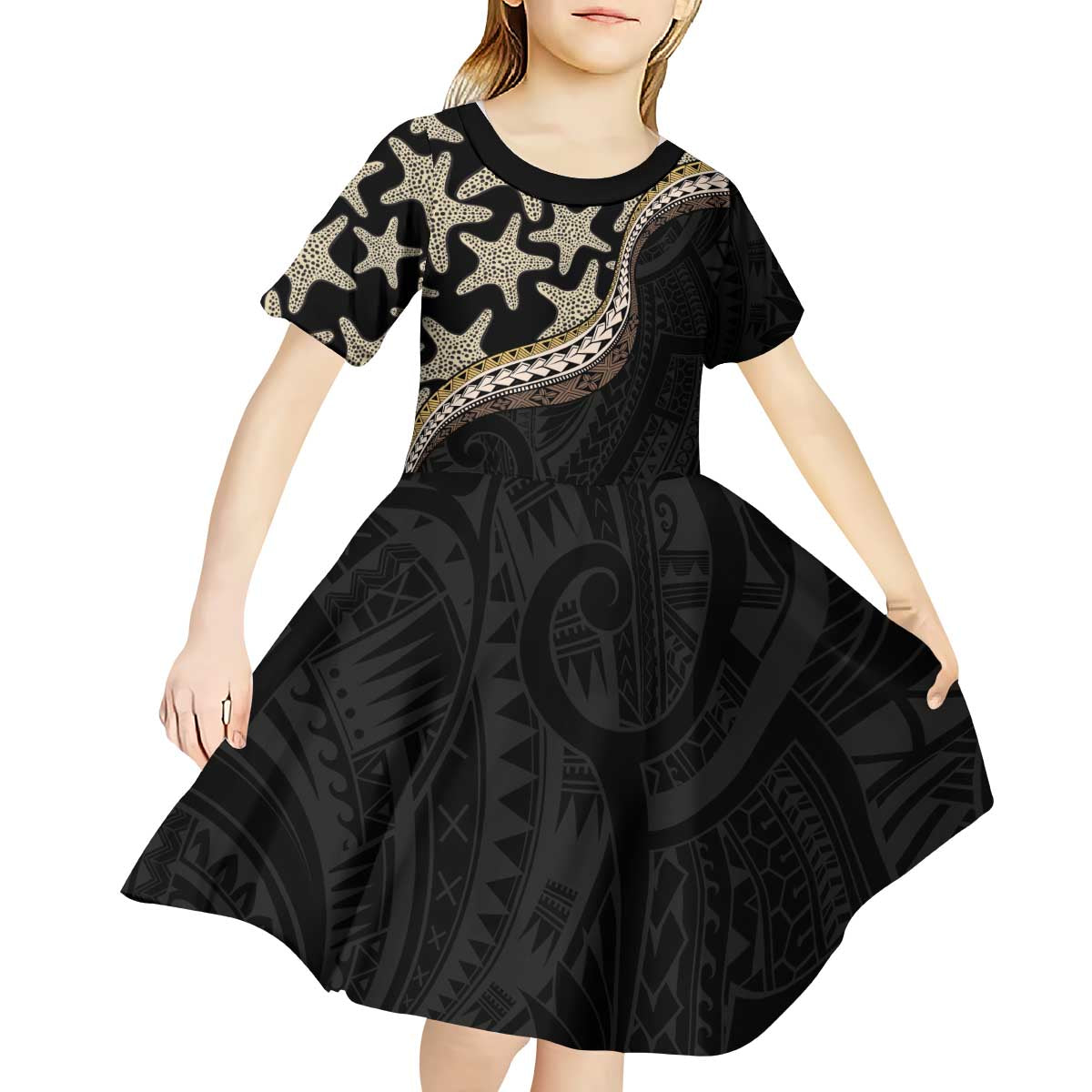 Beige Polynesian Starfish Unique Pattern Kid Short Sleeve Dress