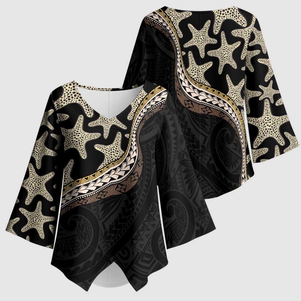 Beige Polynesian Starfish Unique Pattern Kimono Sleeve Blouse