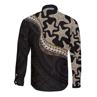 Beige Polynesian Starfish Unique Pattern Long Sleeve Button Shirt