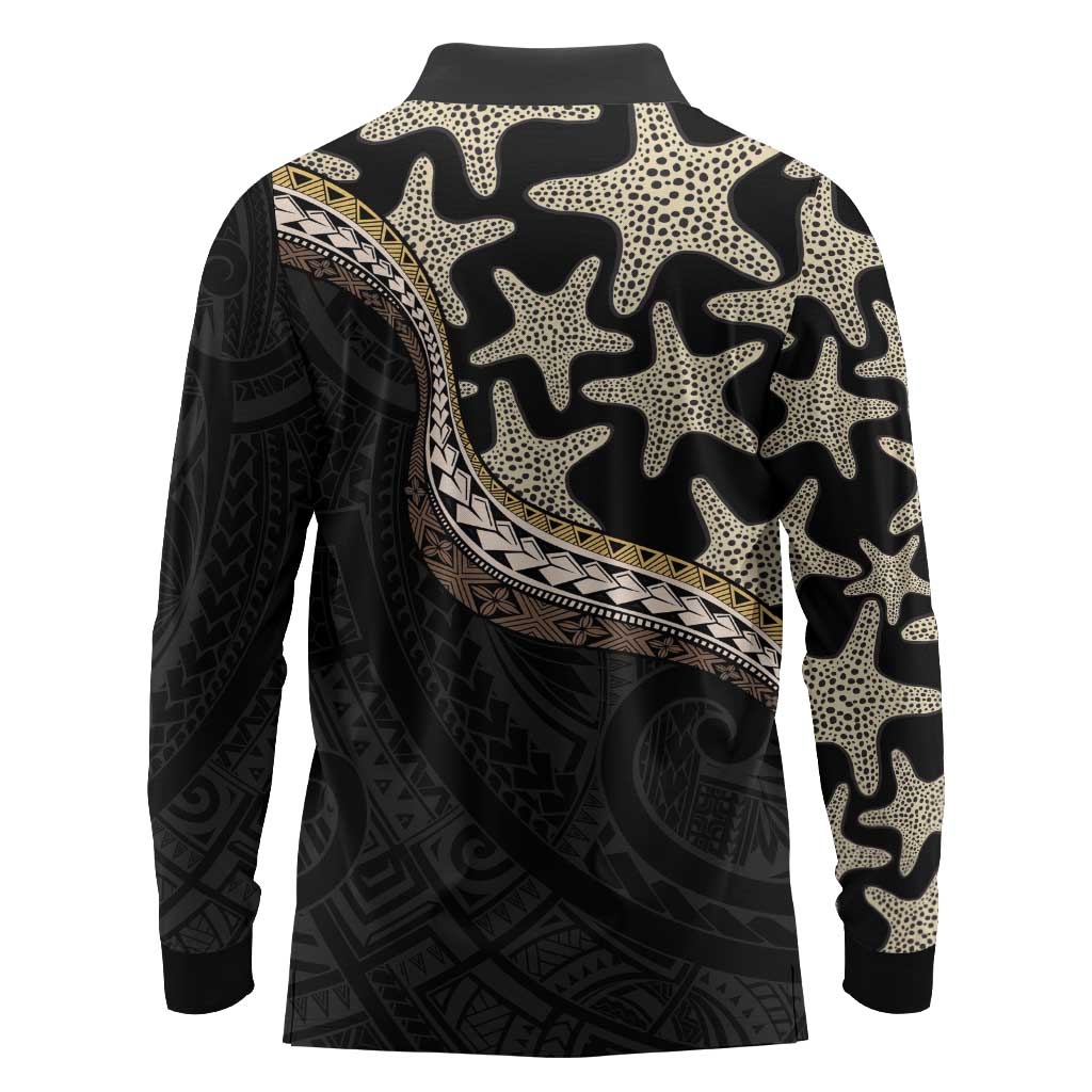 Beige Polynesian Starfish Unique Pattern Long Sleeve Polo Shirt