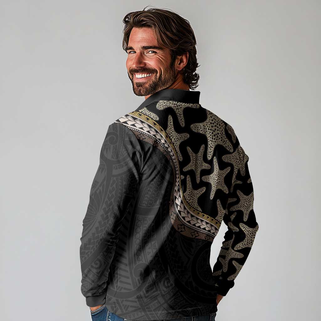 Beige Polynesian Starfish Unique Pattern Long Sleeve Polo Shirt