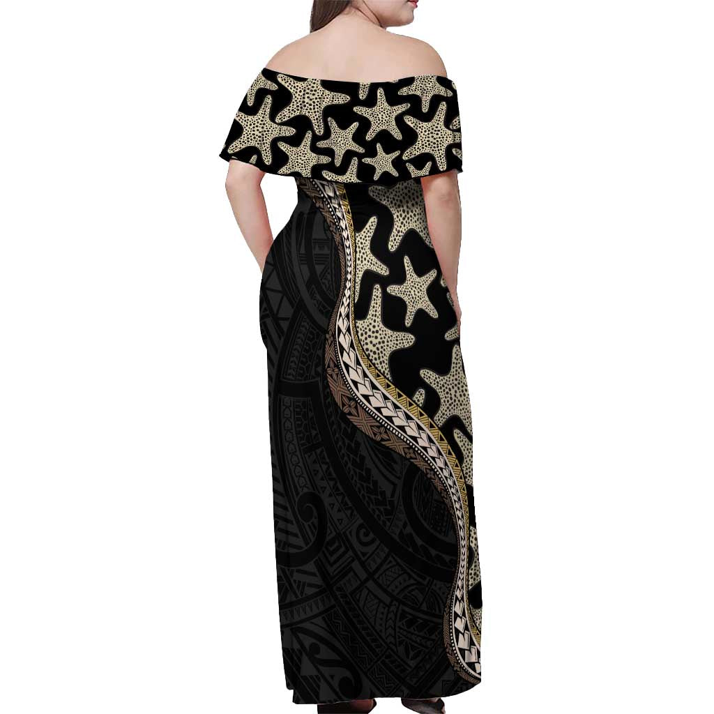 Beige Polynesian Starfish Unique Pattern Off Shoulder Maxi Dress